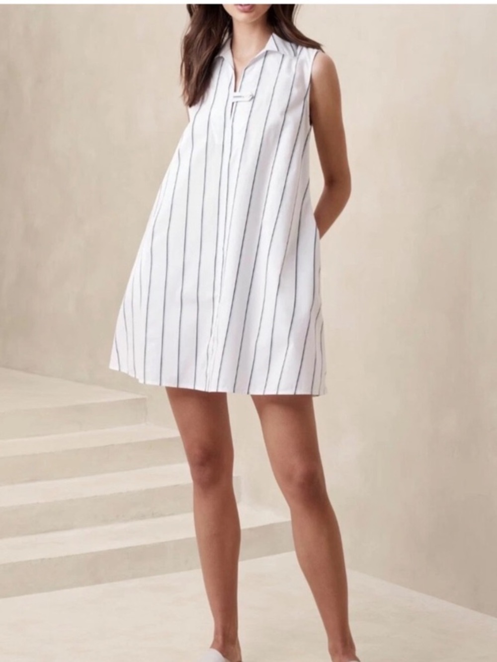 Banana Republic NWT Sleeveless Dress Medium White Blue Pinstripe Cotton